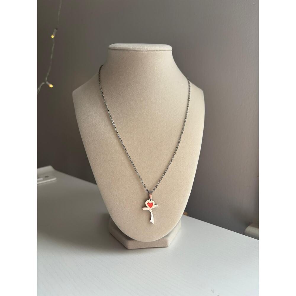 Cross Necklace Red Heart Pendant Silver Stainless Steel Minimal Jewelry - Picture 5 of 6
